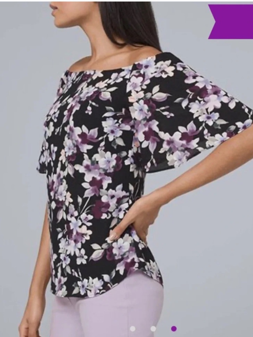 White House Black Market Black Off-Shoulder Floral Flutter Sleeve Top